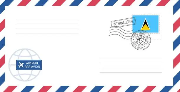 Vector illustration of Blank air mail envelope with Saint Lucia postage stamp. Postcard vector illustration with Saint Lucia national flag isolated on white background.