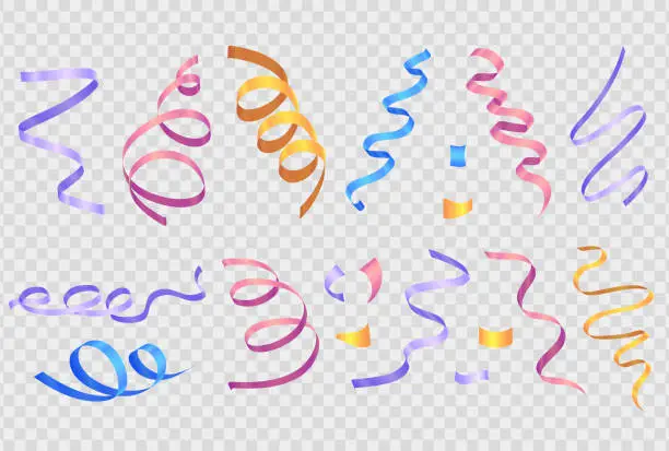 Vector illustration of Collection of colorful party streamers, coil ribbon serpentine isolated on transparent background.