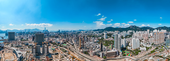 Drone view of Kai Tak Development Area in Kowloon, Hong Kong