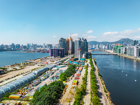 Drone view of Kai Tak Development Area in Kowloon, Hong Kong