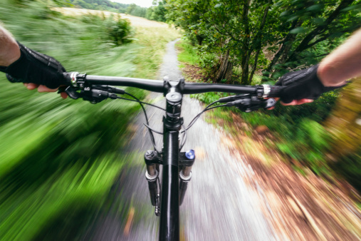 Motion blur from the mountain bike rider's point of view, at speed along a narrow singletrack.