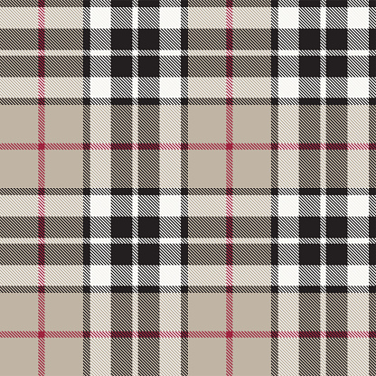 Beige, red and black Scottish tartan plaid pattern, fabric swatch close-up.
