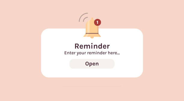 ilustrações de stock, clip art, desenhos animados e ícones de reminder, notification page with floating elements and business planning, events, timetable. - lembrete