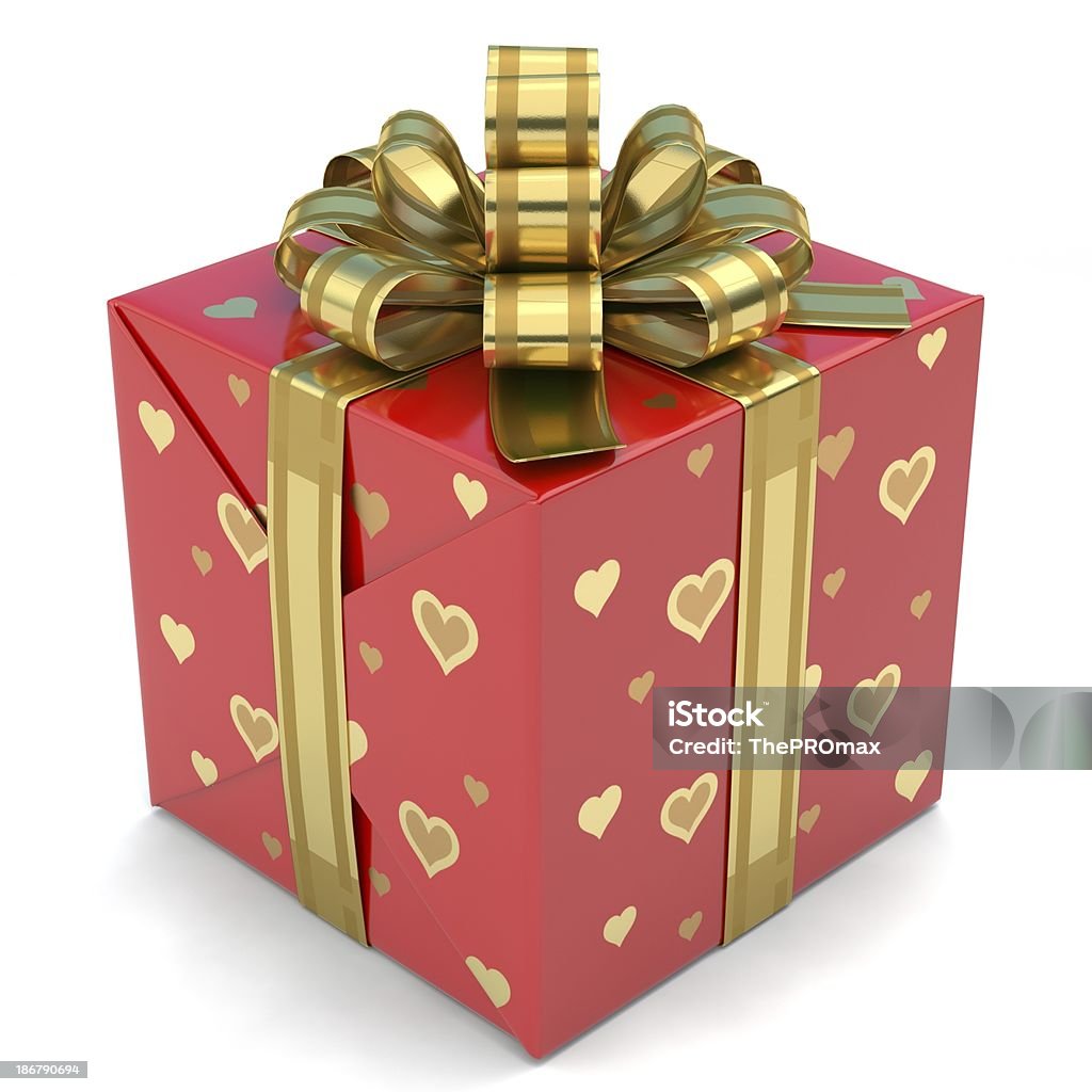 Gift Box red A red christmas present with a gold bow. Birthday Stock Photo