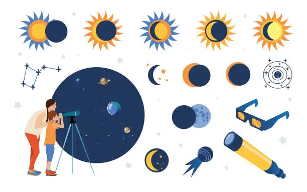 Vector illustration of Solar Eclipse set. Vector flat style set of solar eclipse elements for infographic. Illustration in flat style for kids education at school, stickers, scrapbooking.