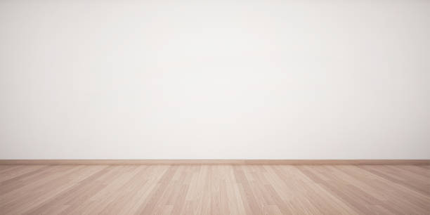 3d rendering of interior. Empty white wall and light wooden floor. Minimal design. Empty interior background.