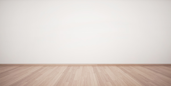 3d rendering of interior. Empty white wall and light wooden floor. Minimal design. Empty interior background.