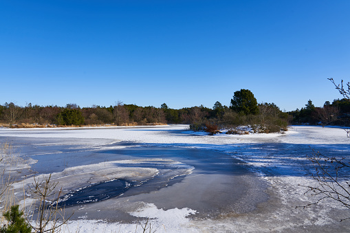 Shore of a frozen lake in a snowy field in sunlight in winter