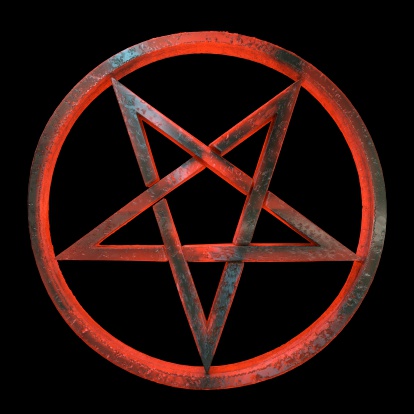 A red and amber, translucent, sinister looking inverted pentagram in a circle, made out of volcanic glass, 3d