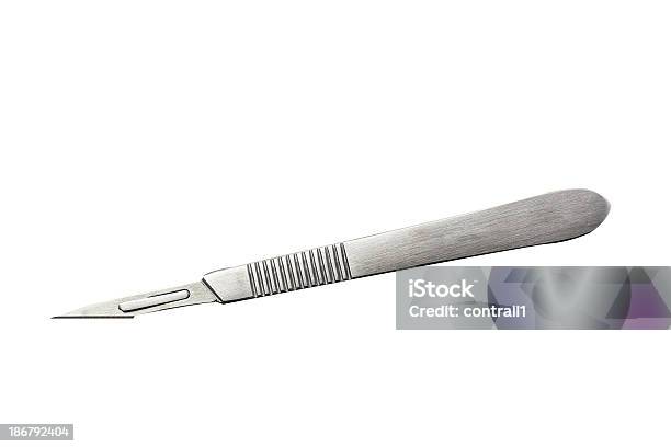Silver Scalpel On Plain White Background Stock Photo - Download Image Now - Scalpel, Cut Out, Blade