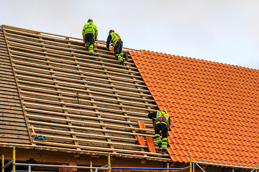 Three roofers in protective workwear installing new clay tiles, new clay tiles layer covering, new clay tile roofing