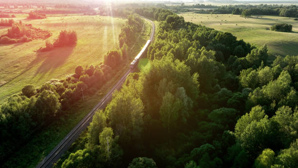 istock Train on railway in motion. Traveling on Passenger train on railway from forest, aerial view. 1867941884