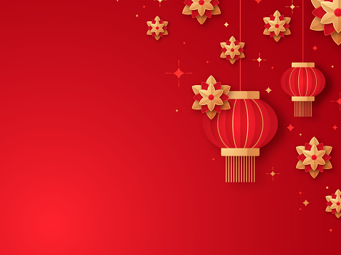 Chinese New Year red 3D new year lantern red background with space for your copy.