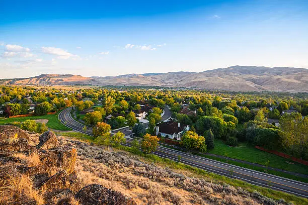 Beautiful view of Boise neighborhood and hills on a fine summer morning in Boise, Idaho, USA