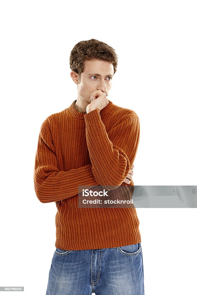 Thoughtful young man looking away on white Portrait of thoughtful young man looking away on white background 20-24 Years Stock Photo