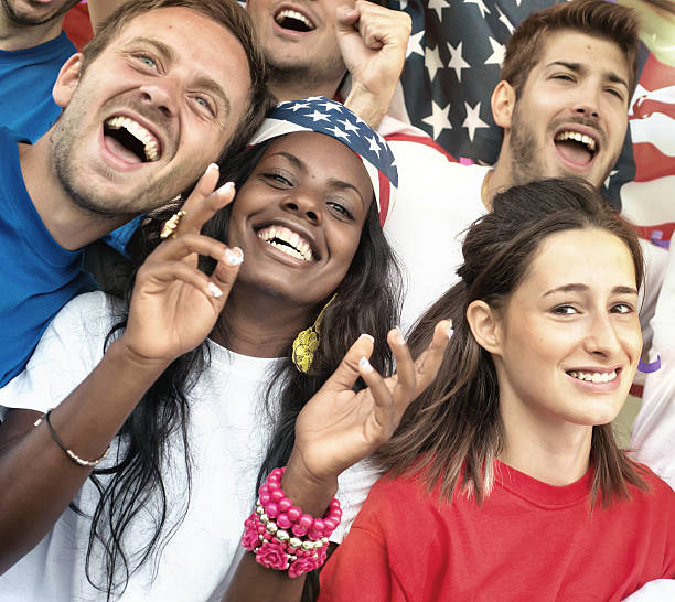 istock Group of people smiling and cheering for America 186798347