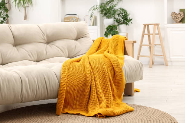 istock Comfortable sofa with orange blanket in living room 1867995198