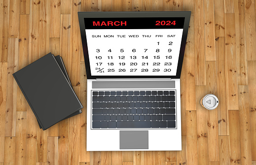 March 2024 calendar on laptop