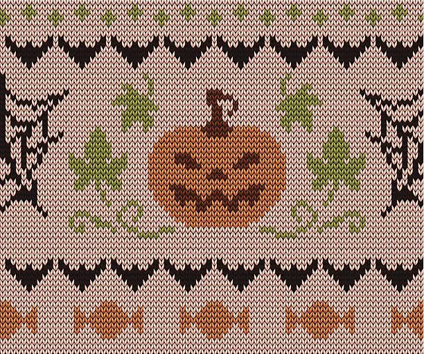 Vector illustration of Halloween knitted pattern with pumpkin