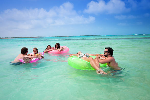 istock Group of young people relaxing with tubes in a beach 186803707