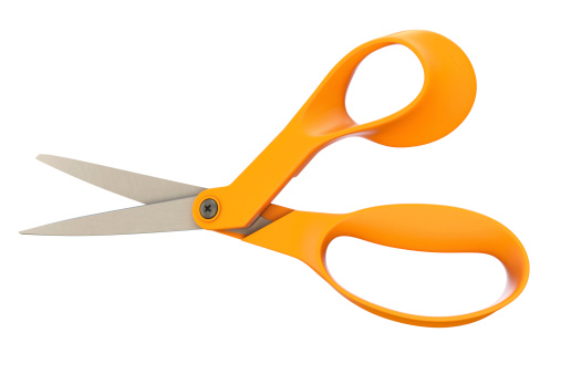 Orange handle scissors on a white background. File contains clipping path.
