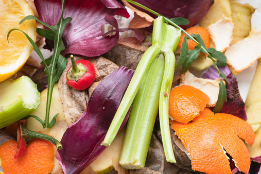 Close up of kitchen waste in a container  about to be added to the compost heap.  See more related photos in the