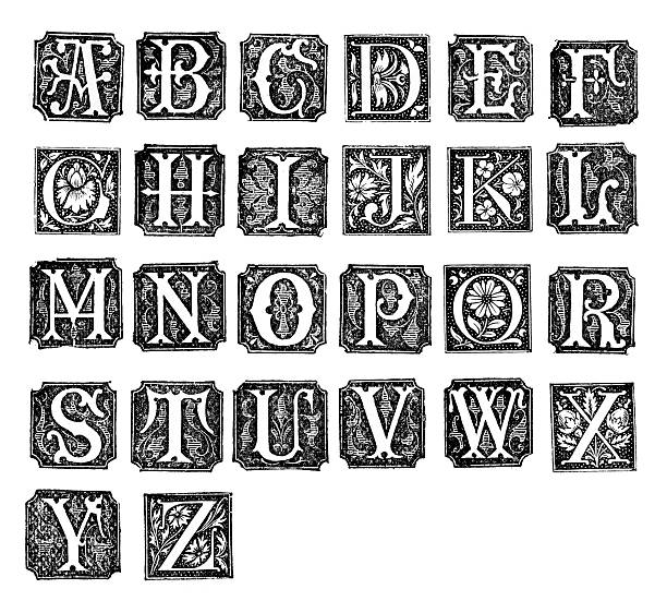 illustrazioni stock, clip art, cartoni animati e icone di tendenza di retrò alfabeto lettere - engraved image victorian style engraving old fashioned