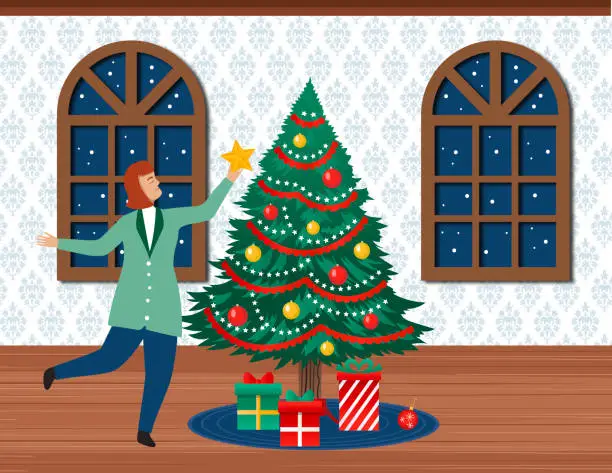 Vector illustration of A Woman Decorates her Christmas Tree In A Room With Windows And Wallpaper