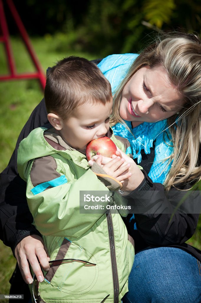 임신 구슬눈꼬리 and Son in 과수원 식사 사과나�무 - 로열티 프리 가을 스톡 사진