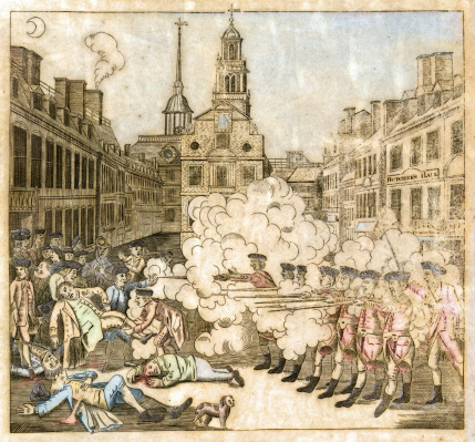 This vintage watercolor engraving features a massacre in Boston during the American Revolution.