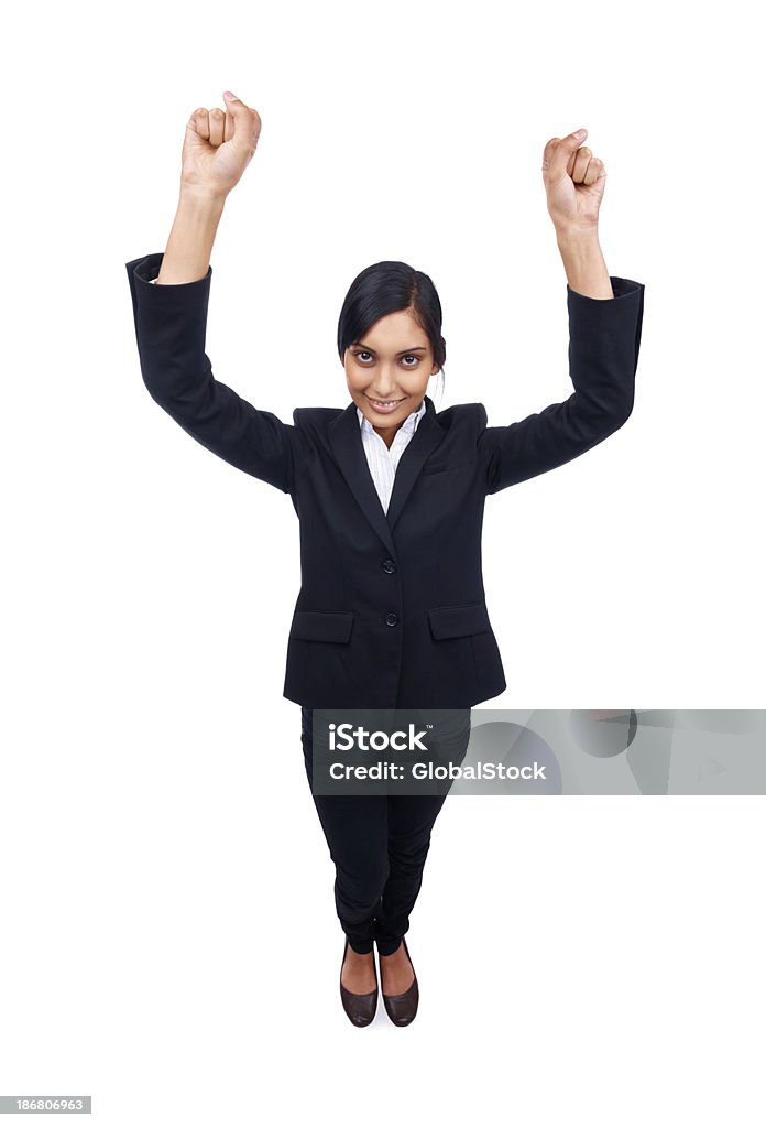 Mulher de negócios com as mãos levantadas em emoção - Foto de stock de 20 Anos royalty-free