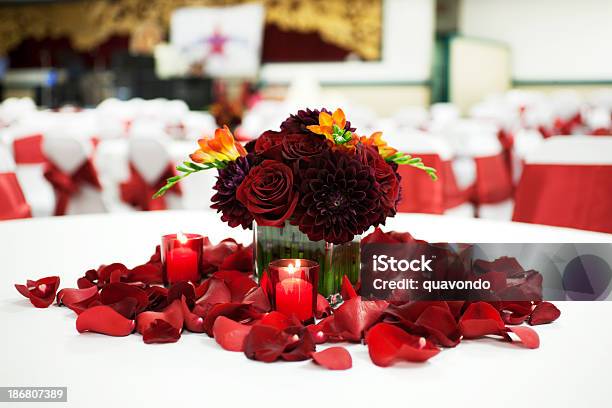 Beautiful Wedding Reception Center Piece With Empty Tables Stock Photo - Download Image Now