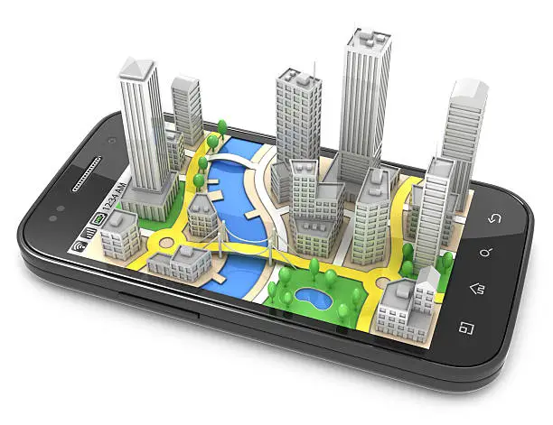 "Generic touchscreen smartphone with a 3d city streetmap, isolated on a white background."