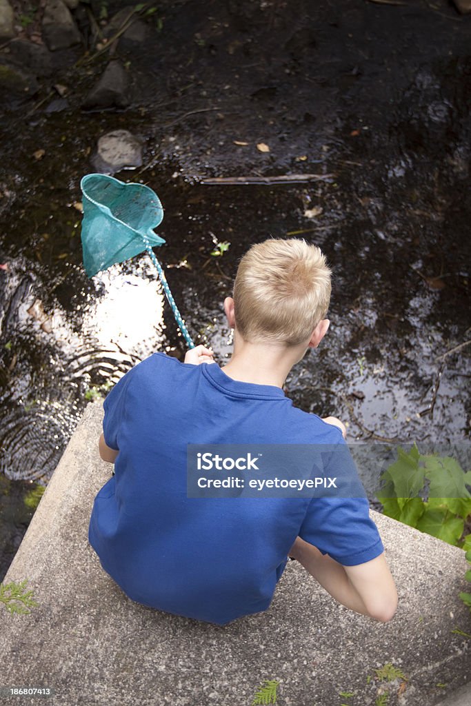 Boy with net and pond Aerial View Stock Photo