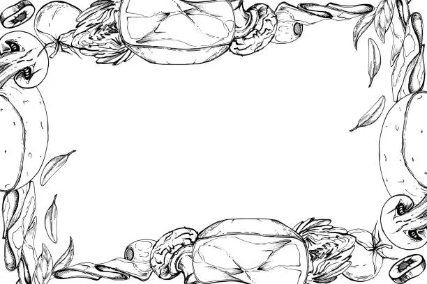 Vector illustration of Hand drawn vector ink illustration. Champignon mozzarella artichoke prosciutto tomato basil olive. Corner frame isolated on white. Design restaurant, menu, cafe, food shop or package, flyer, print.