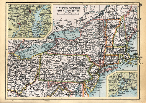 Vintage illustration Old antique map of North Eastern United States of America, USA, New York, Pennsylvania, Vermont, Massachusetts, Rhode Island, Connecticut, 1890s, 19th Century