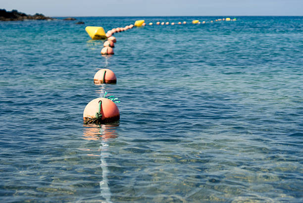 istock Safety buoy rope floating over blue water 186807896