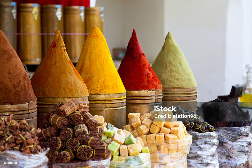 Close up of spies in a market stall in Marrakech, Morocco "Spice stall in Marrakech market, Morocco. Colourful spices and colourings and dyes." Spice Stock Photo
