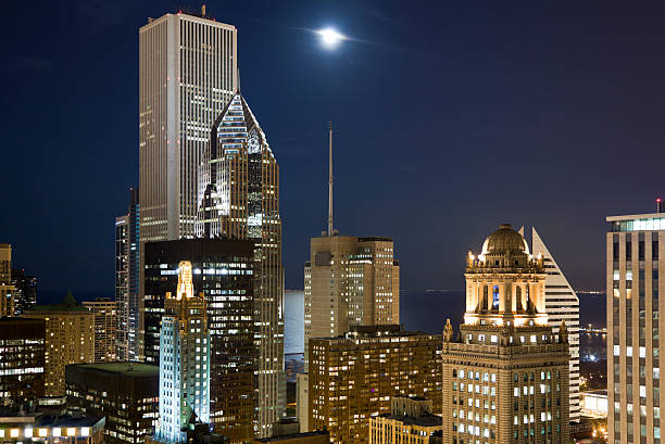 istock Aerial View of Chicago Under a Full Moon 186808304