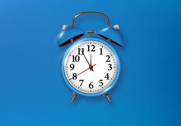 istock Blue alarm clock on blue background. Vector metal vintage ringing alarm clock on bright blue background. Modern design 3d rendering. Vector 1868084043