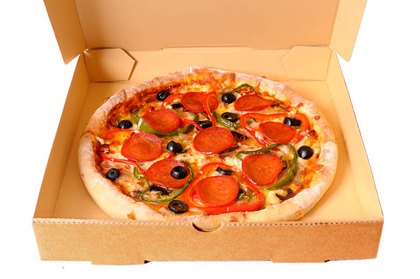 istock Freshly baked Pepperoni Pizza in a delivery box. 186808635