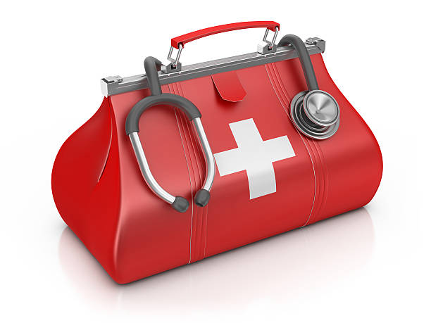 Medical Bag with Stethoscope 3d render. Medical assistance isolated on white. doctors bag stock pictures, royalty-free photos & images