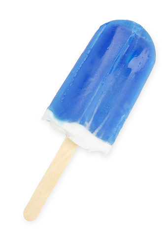 A blue ice cream treat sits isolated on a white background.