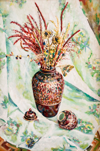 The vase with dried flowers drawn by oil on a canvas