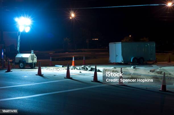 Night Roadwork Blocked Off With Traffic Cones Stock Photo - Download Image Now - Construction Site, Lighting Equipment, Night