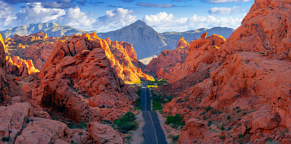 Road in Valley of Fire, Nevada in morning light. View from Mouse's Tank.