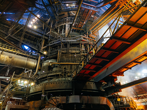 Steel production process in electric blast furnace.