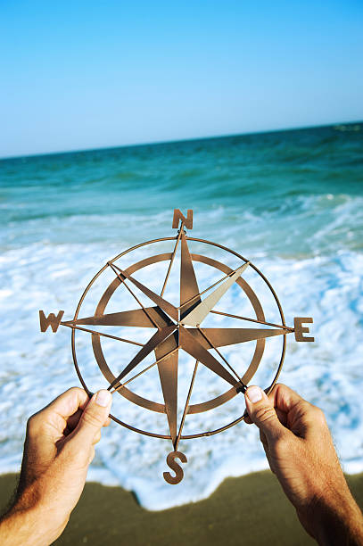 ręce trzymać kompas przez morze z wzburzonych fal, - compass exploration the way forward beach zdjęcia i obrazy z banku zdjęć
