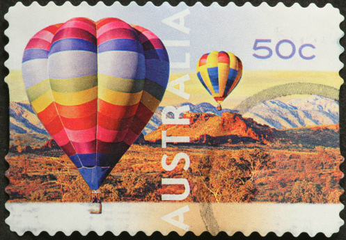 colorful hot air balloons and Australian mountains