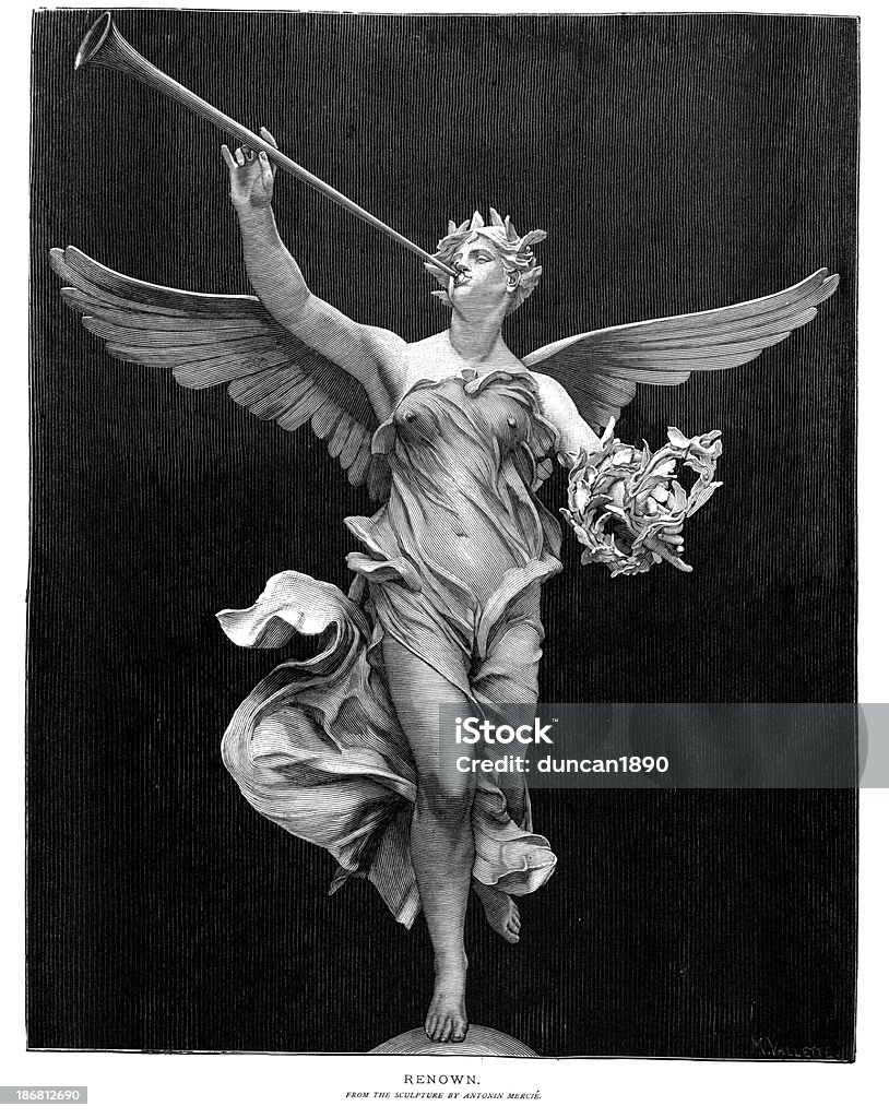 Angel Herald "Vintage engraving from 1878 of a female angel blowing a trumpet, from the sculpture Renown by Marius Jean Antonin MerciA" Angel stock illustration
